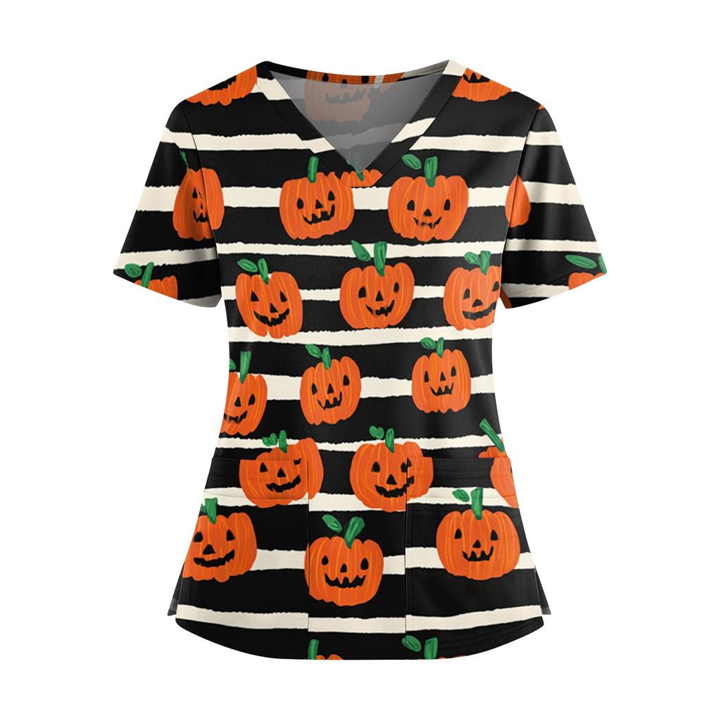 Women’s V Neck Short Sleeve Work Top with Side Slits Pockets and Halloween Print Suitable for Office and Casual Wear