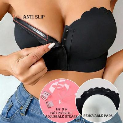 Women Front Closure Strapless Push Up Bra Anti Slip Removable Pads