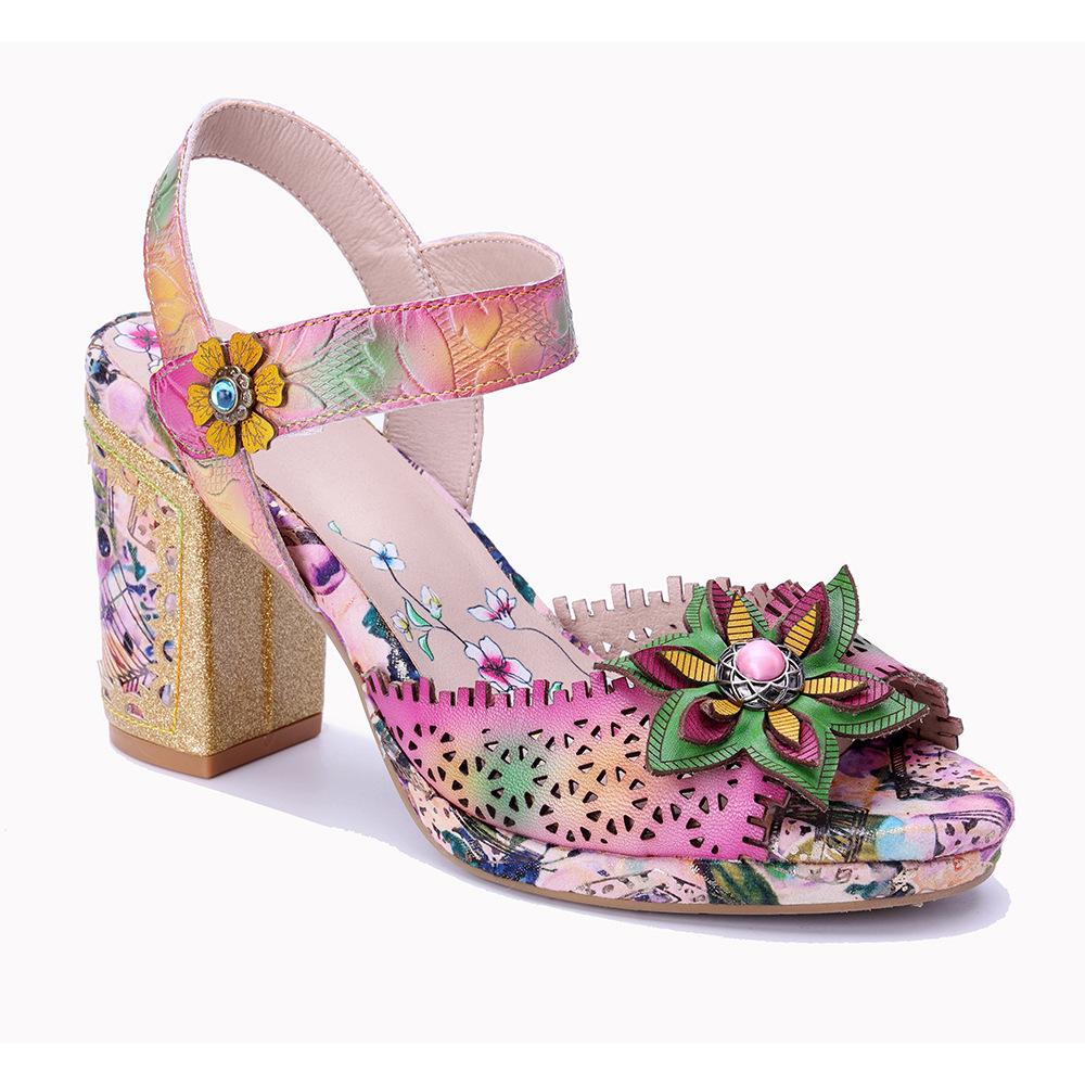 Johnature Genuine Leather Retro Baroque Style Hollow-out Carved Flower High-heeled Sandals
