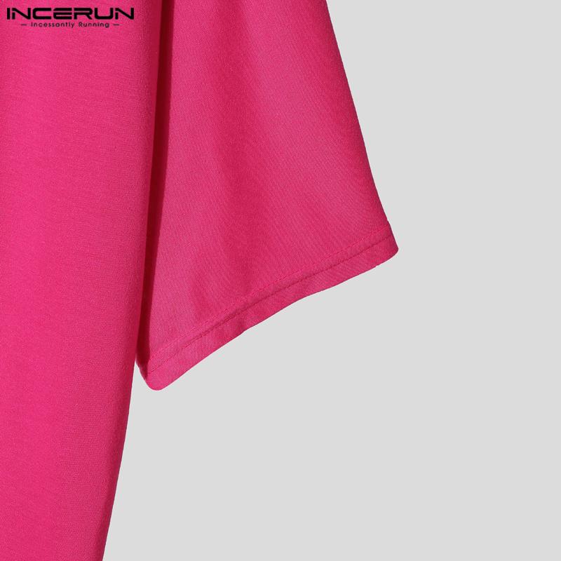 INCERUN Men Casual V Neck Short Sleeve Lace Sheer Patchwork Tops