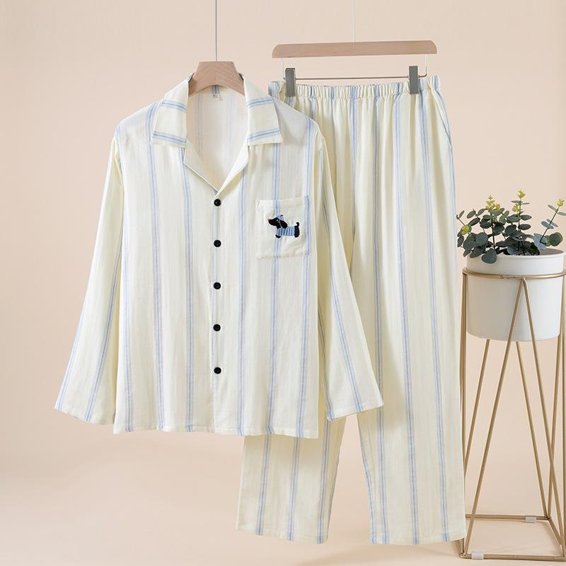 Couple pajamas women's autumn long-sleeved cotton boys lapel cardigan autumn loungewear striped suit