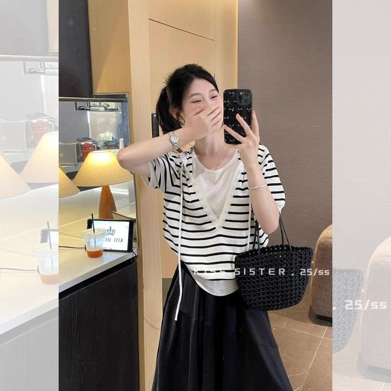 Frühlings- und Sommerstil Kapuzenpullover Fake Zweiteiler Eisseide Strick Kurzarm-Top