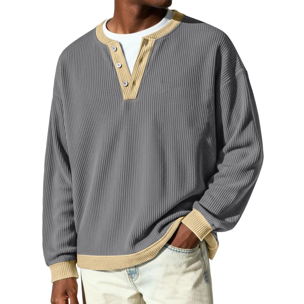 Men's Button-Down Collar Long-Sleeve Ribbed Knit Pullover