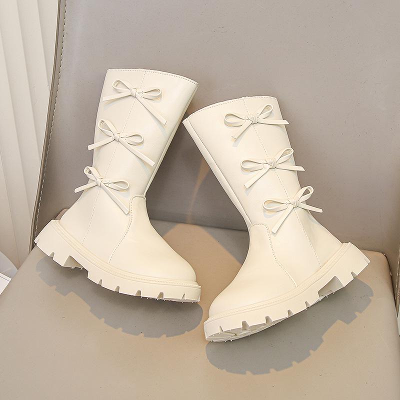 2025 Autumn/Winter Girls' High Leather Boots - Stylish Bow Princess Martin Style