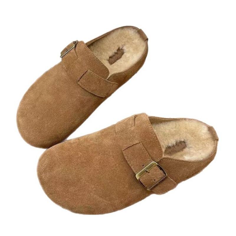 Wearing women's fluffy slippers outside, women's new autumn and winter one-pedal velvet Boken single shoes with thick soles and half tows