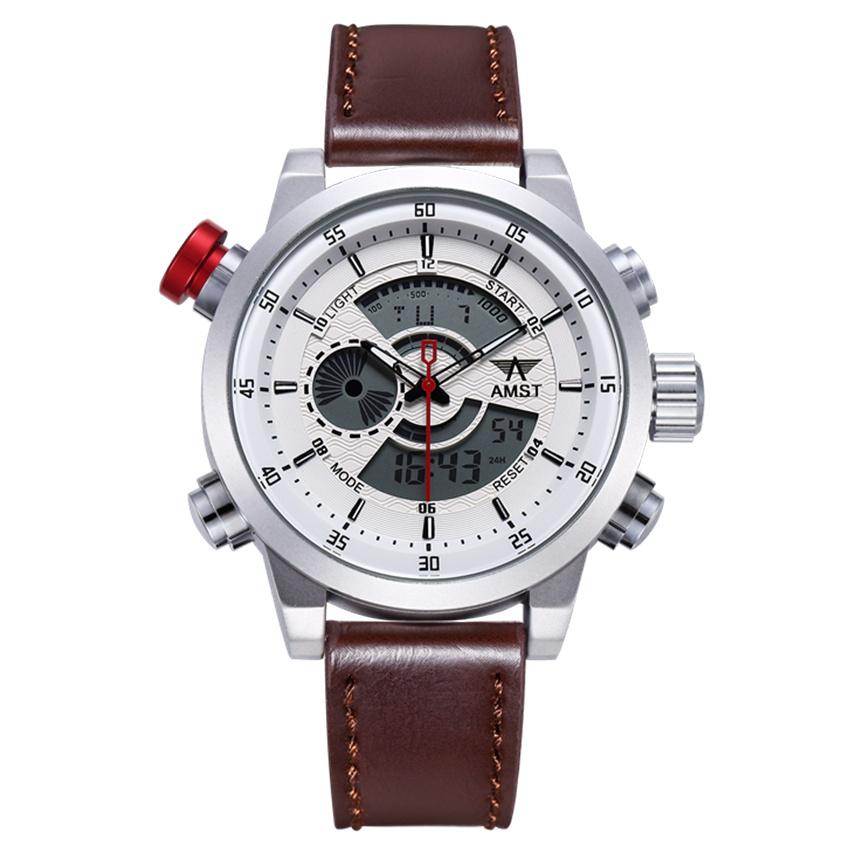 NEW AMST Luxury Brand Men's Quartz LED Watches Men Fashion Casual Sports Clock Genuine Leather Military Wrist Watch