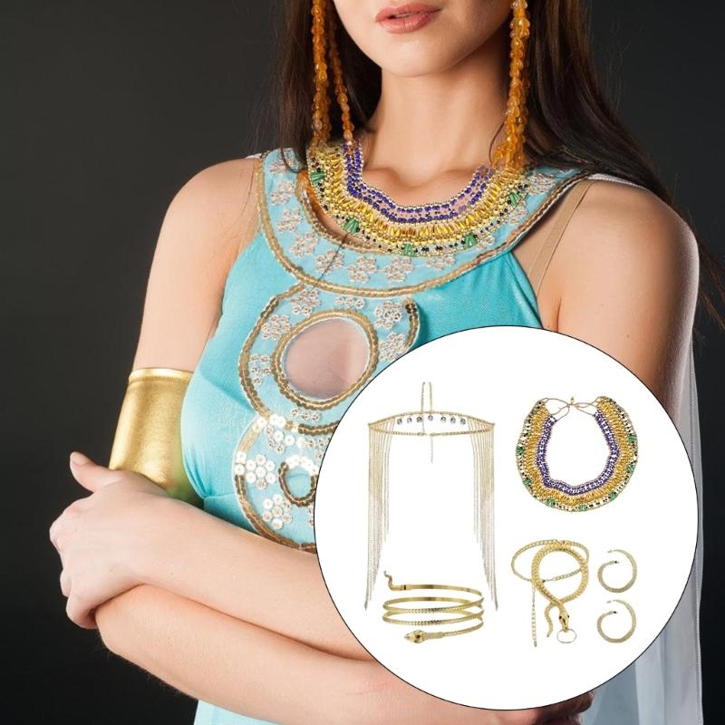 Egyptian Costume Accessories, Headpiece Necklace Snake Armband Snake Bracelet Earrings for Women Cosplay Party