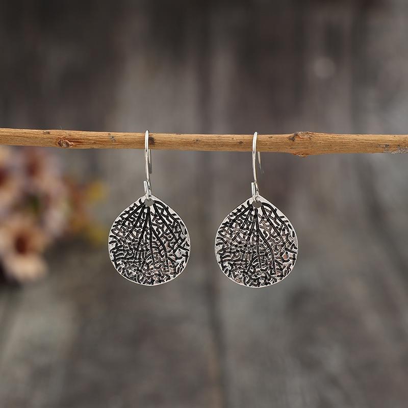 Delicate Silver Color Round Leaf Dangle Earrings Metal Carving Earrings for Women