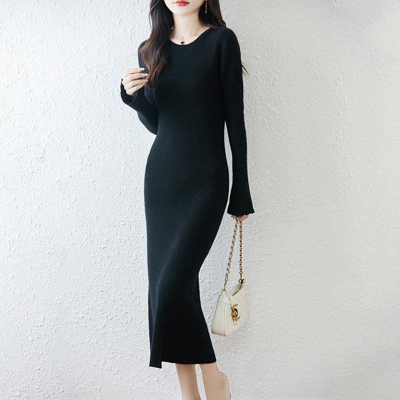 Elegant Women's Round Neck Slim Fit Wool Knit Dress