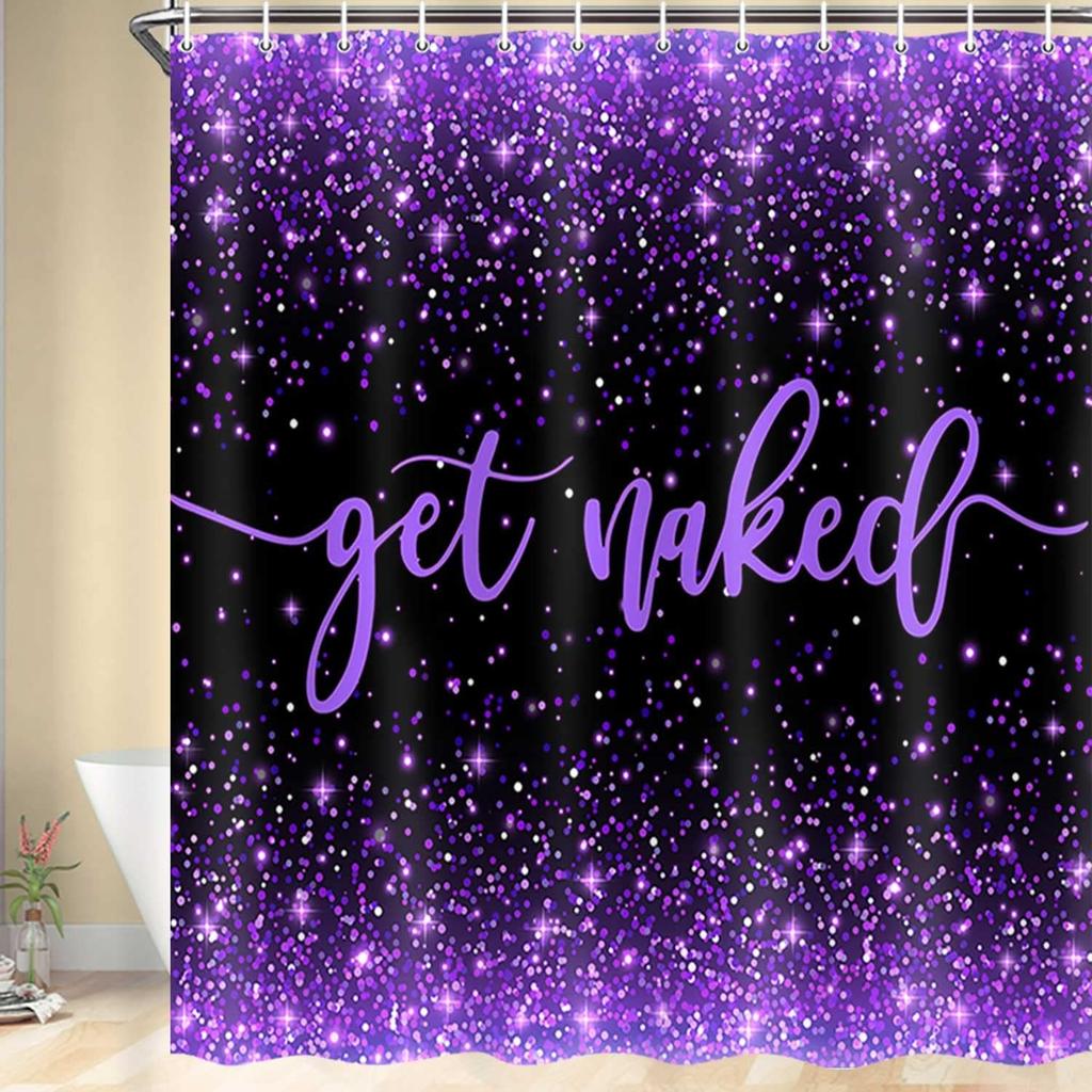 Boziqr Fabric Purple Shower Curtain, Get Naked Shower Curtains for Bathroom, Funny Cute Art Fonts Words Bath Curtains Women Girls Bathroom Decor, No