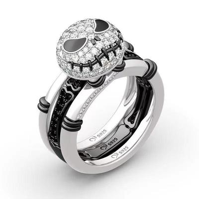 Luxurious Black & White Skull Ring Set for Women - Full Diamond Smile Design