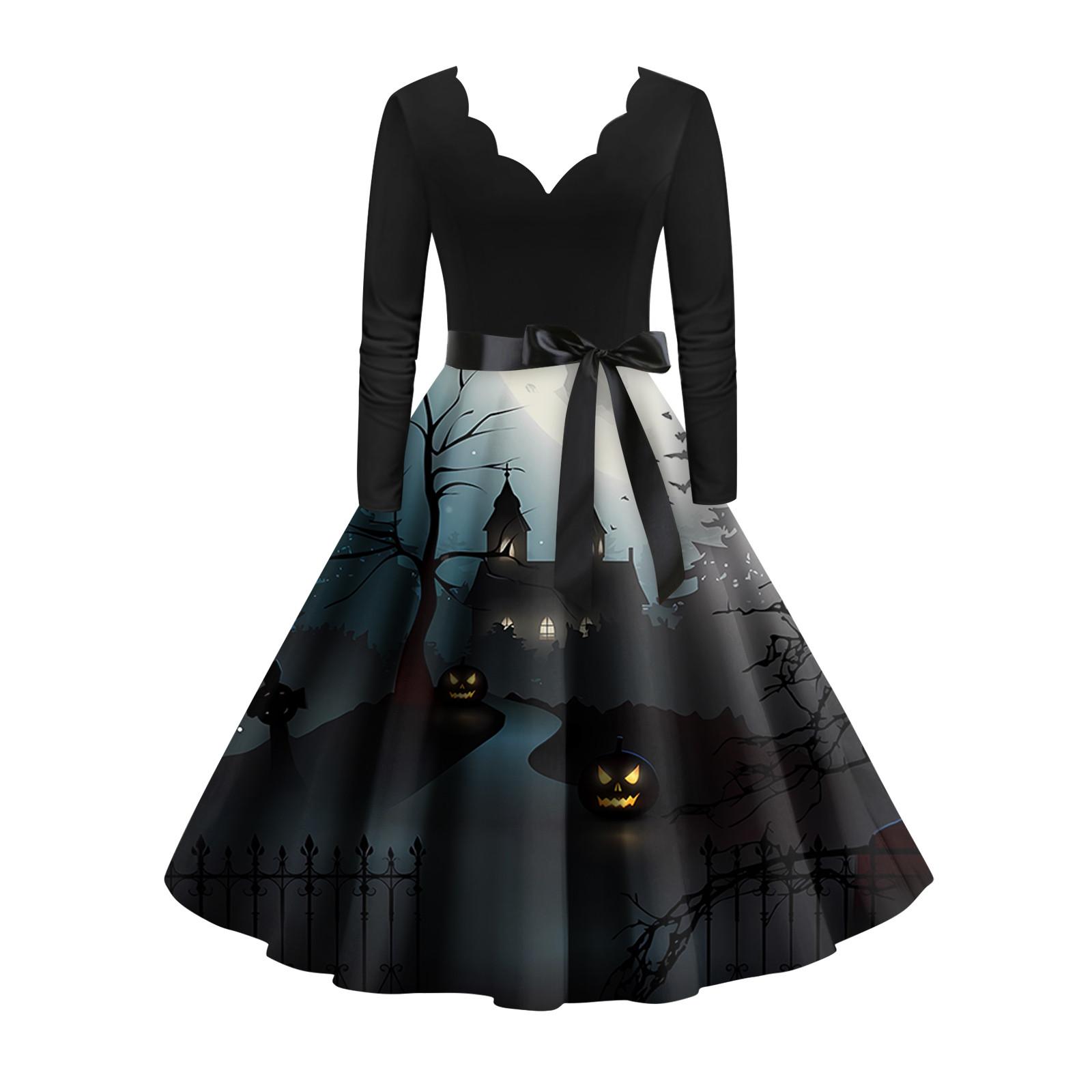 

Женское винтажное классическое платье с вырезом на талии и галстуком-бабочкой с длинными рукавами на Хэллоуин с принтом и V-образным вырезом, свободное платье XXXXL синий
