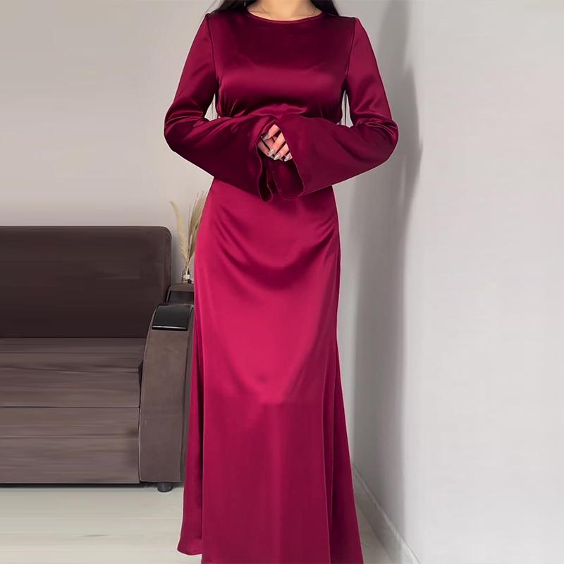 Long Sleeve Elegant Evening Satin Dress For Women High Waist Slim Lace Up Maxi Dresses Femme France Vintage Vacation Banquet Mermaid Bodycon Dresses