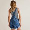 Women Suspender Jeans Denim Shorts Square Neck V-shaped Back Loose Pockets Adjustable Shoulder