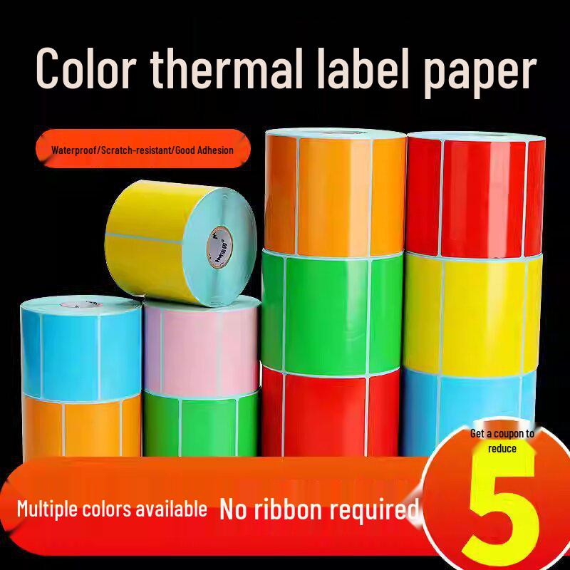 Hârtie termică impermeabilă tricolor: 60*40, 30*80, 100*100, 150mm Autocolante cu coduri de bare în galben, roșu, albastru pentru supermarketuri.