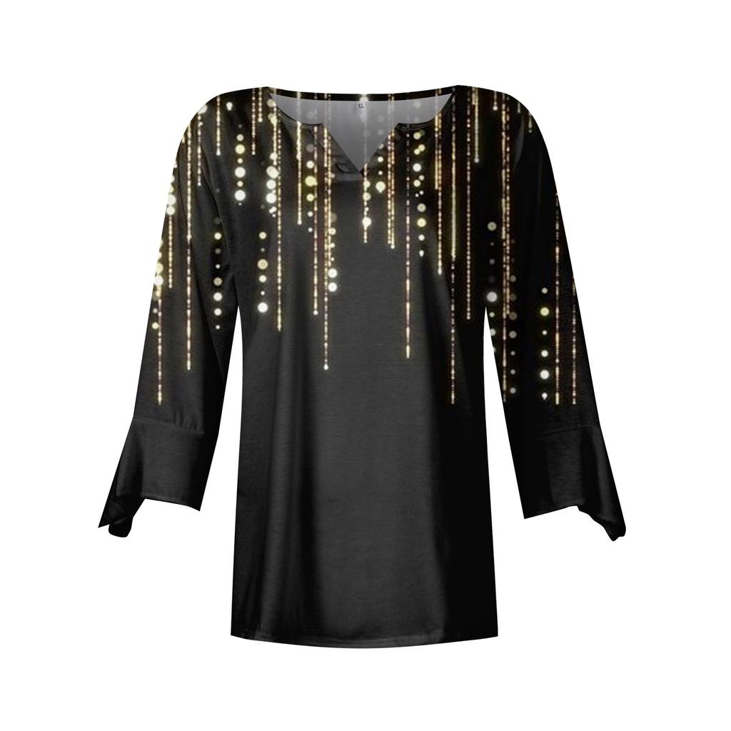 Women's Top Loose Casual V-neck Color Blouses Bell 3/4 Sleeve T-shirt