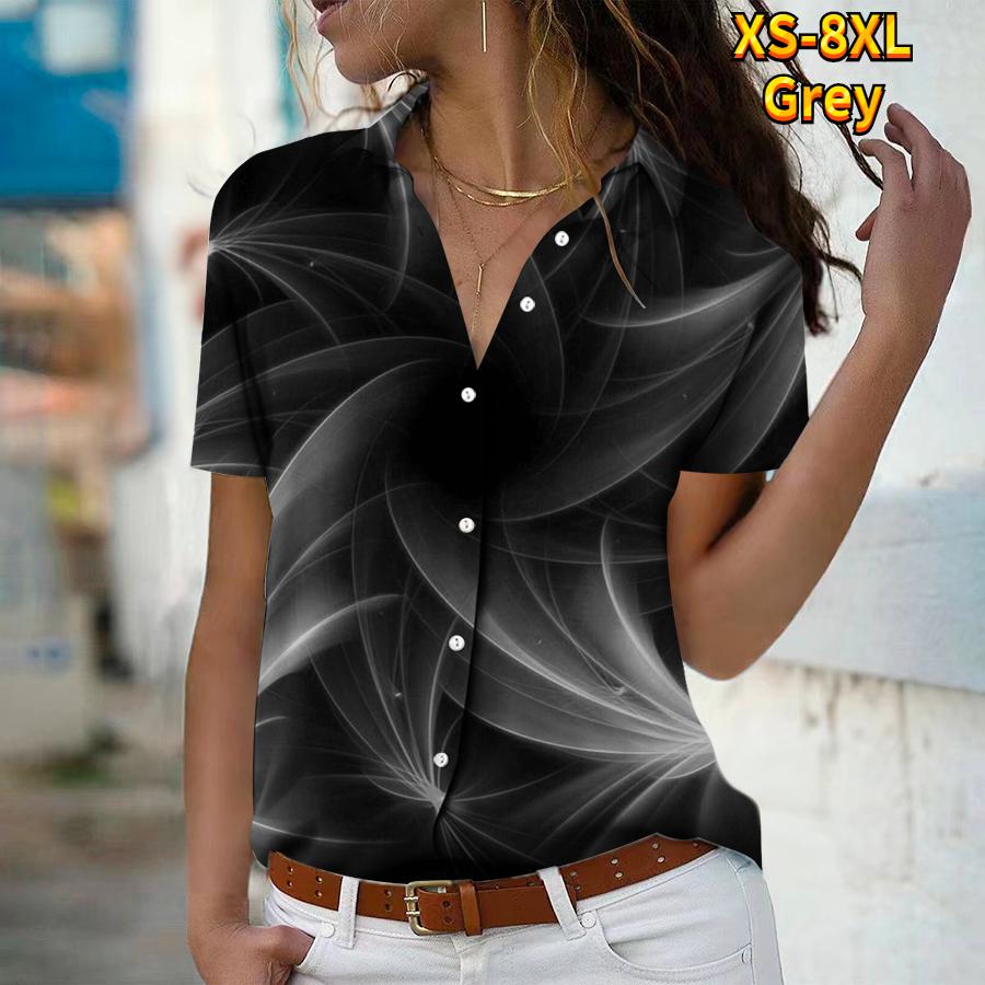 

Лето 2025 Новая Мода Женская Повседневная Рубашка Топ с Коротким Рукавом и V-образным Вырезом на Пуговицах с Абстрактным Принтом 8XL серый