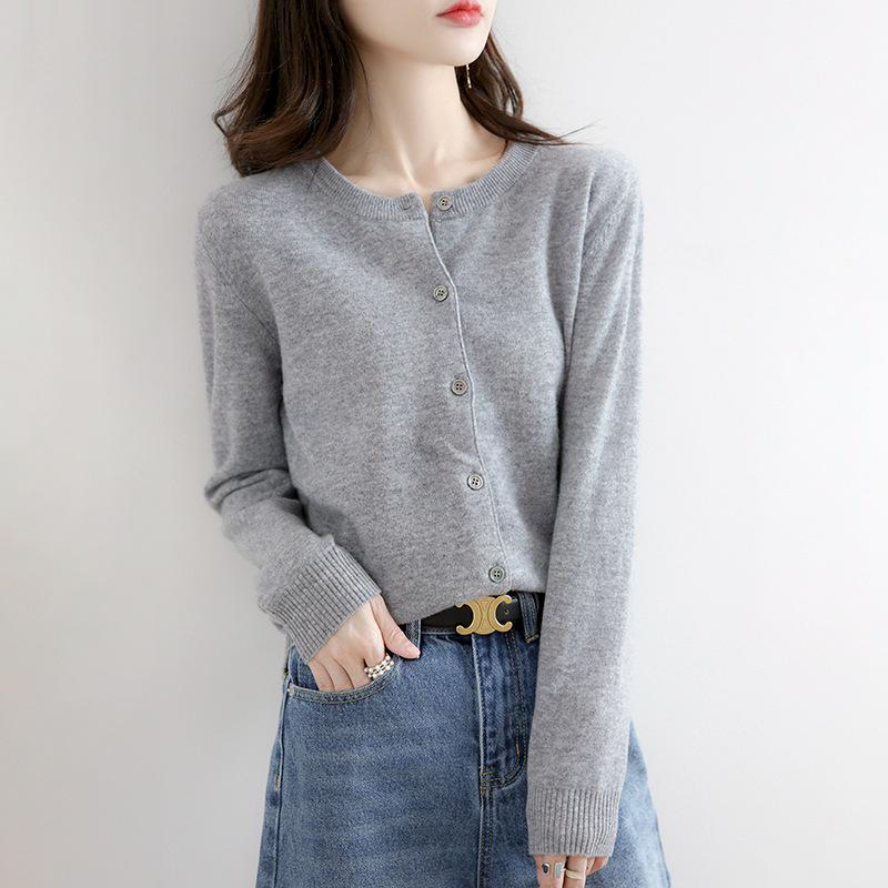 2023 Autumn/Winter Women's Korean-Style Camel Cardigan, Round Neck, Single-Breasted Knit Sweater.
