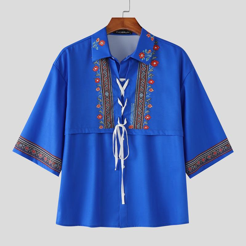 INCERUN Oversized Men Lapel Neck Short Sleeve Buttons Up Print Lacing Casual Shirts S