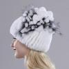 Brand Women Genuine Rex Rabbit Fur Hats Winter Rex Rabbit Fur Beanies Striped Top Flower Fox Fur Warm Real Fur Knit Caps