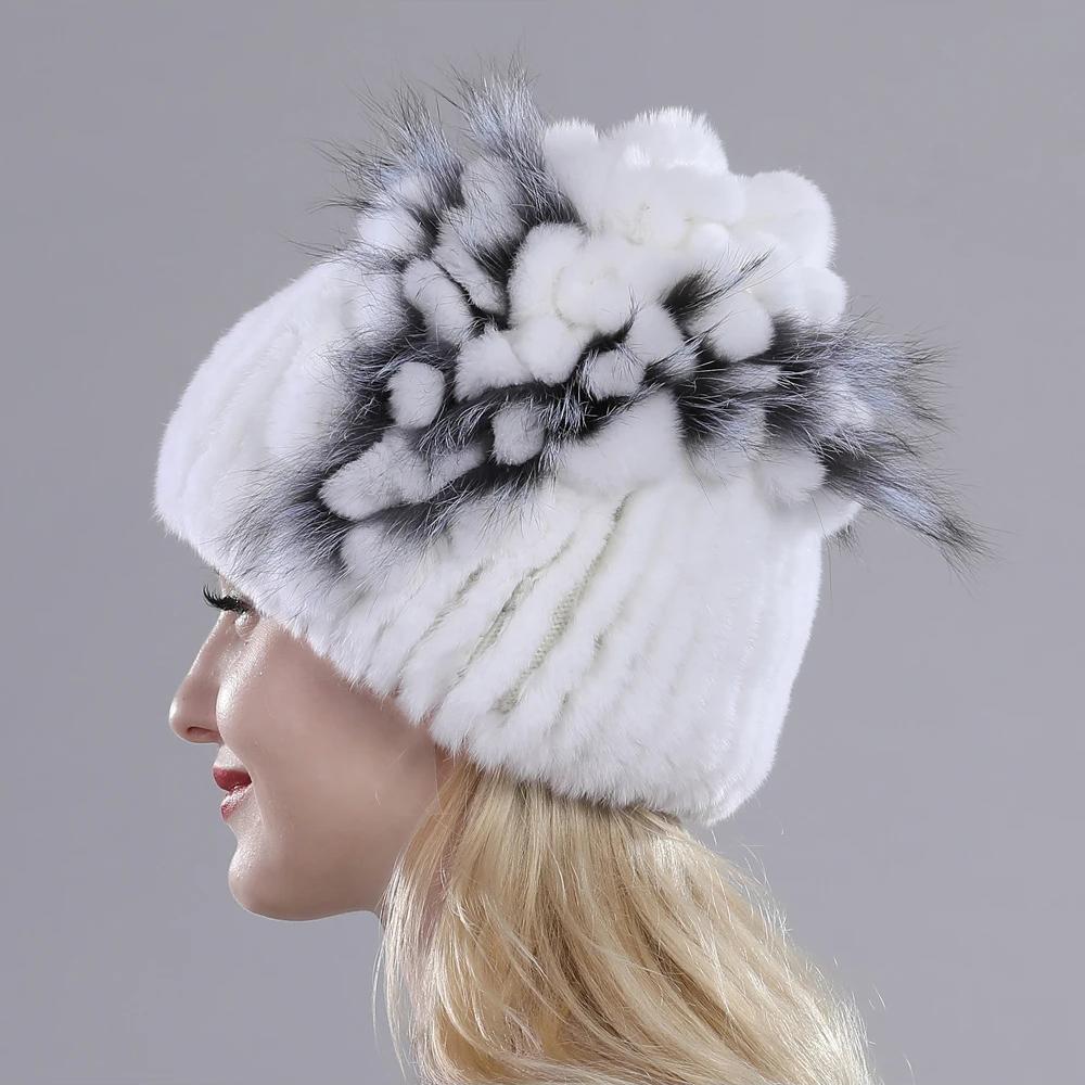 Brand Women Genuine Rex Rabbit Fur Hats Winter Rex Rabbit Fur Beanies Striped Top Flower Fox Fur Warm Real Fur Knit Caps