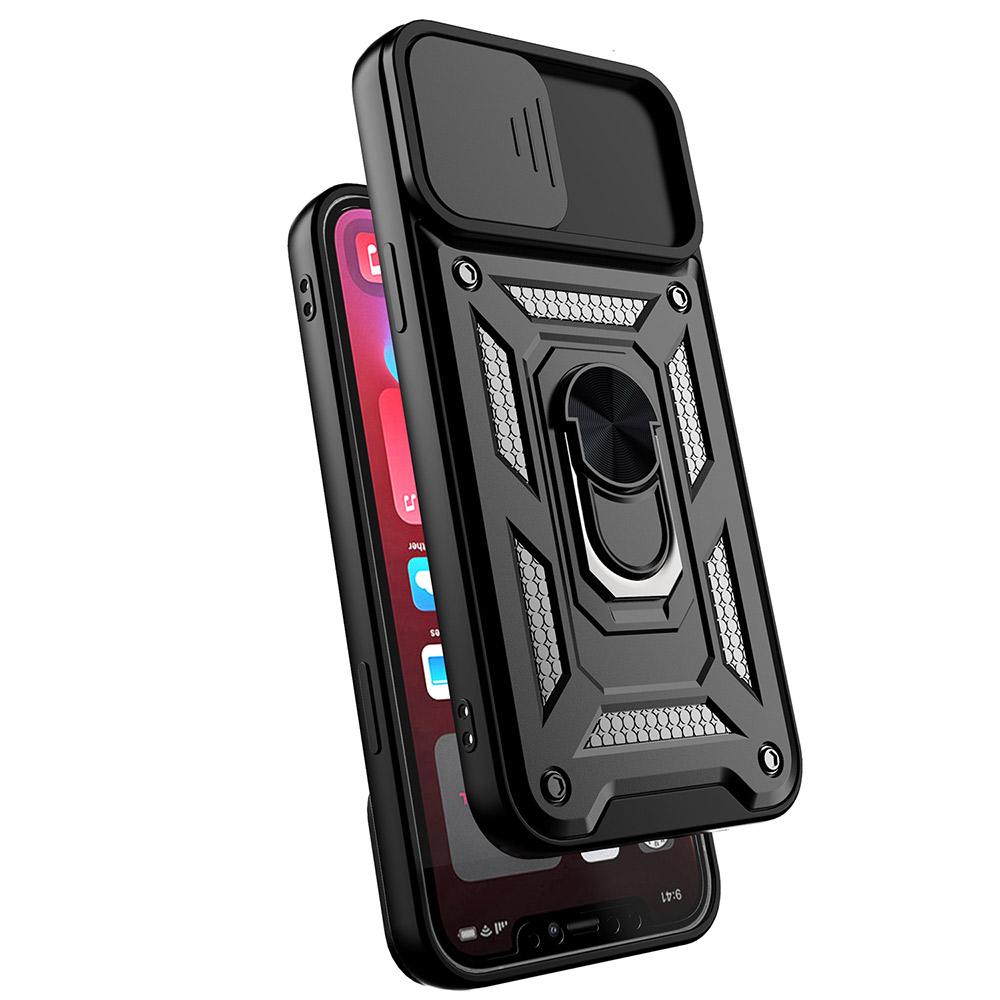For iPhone 11 Pro Max Case Kickstand PC+TPU Phone Cover with Slide Camera Lid