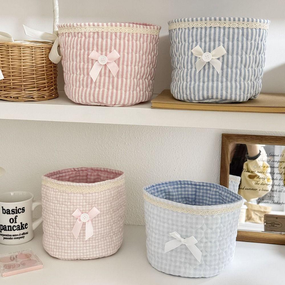 Bow Desktop Storage Basket Quilting Cotton Storage Frame Cute Organizer Box  Home Decoration