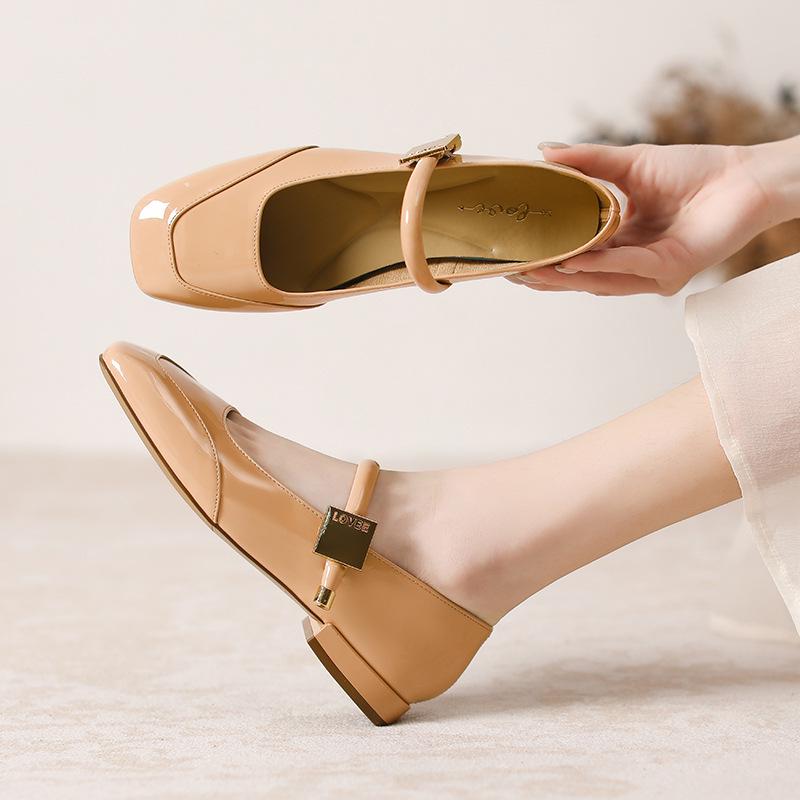 "Spring Collection: Women's Mary Jane Square Toe Leather Shoes In Red, Black, Apricot, Silver"