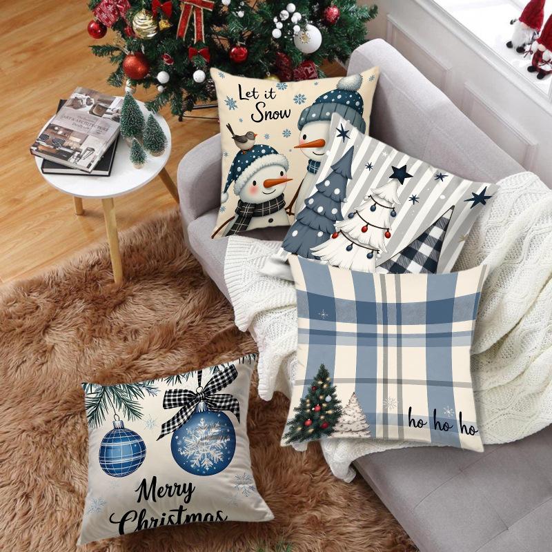 Christmas White and Blue Pillowcase Snowman Snowflake Christmas Decoration Combination Living Room Bedroom Home Cushion Cover
