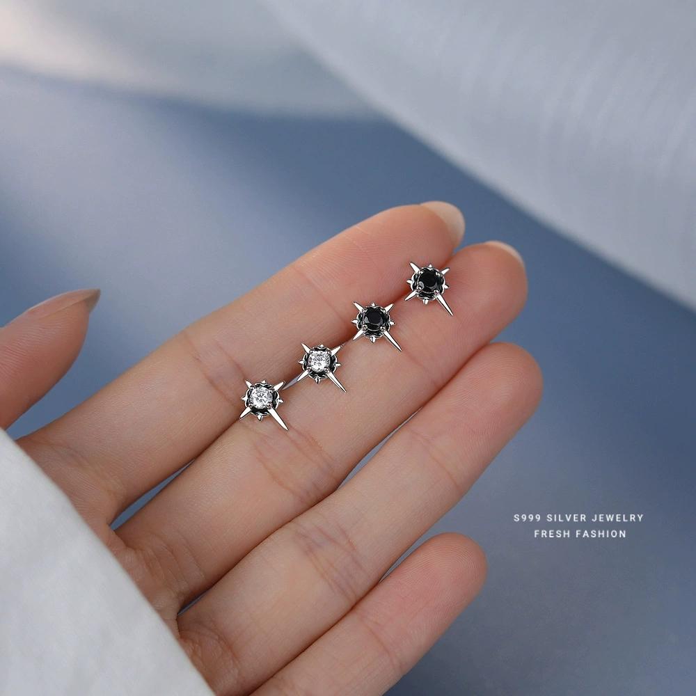 F5870-Trendy Octagram Zircon Stud Earrings for Women S999 Pure Silver Versatile Personality High Street Style Sterling Silver