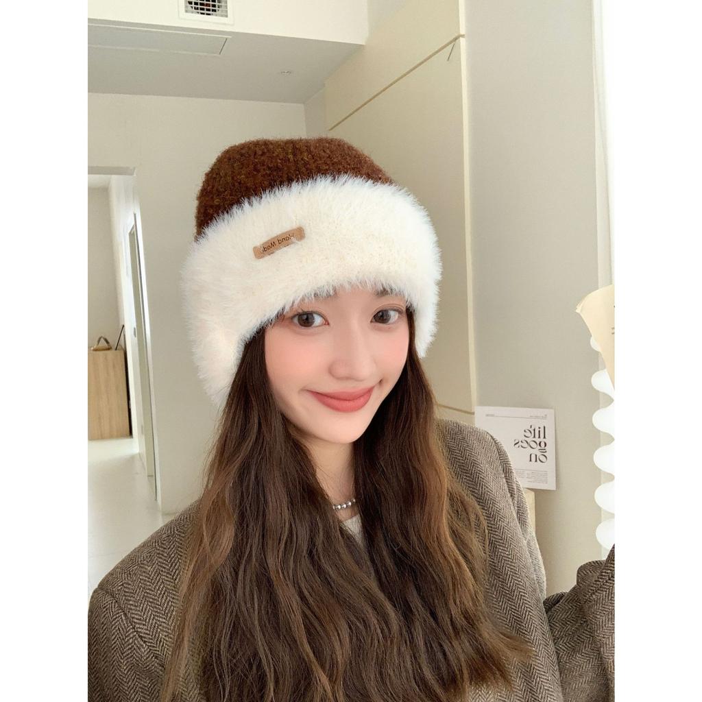 Hat Women's Big Head Circumference Knitted Wool Hat Winter Warm Thickened Plush Hat Versatile Contrasting Color Ear Protector Cold Hat