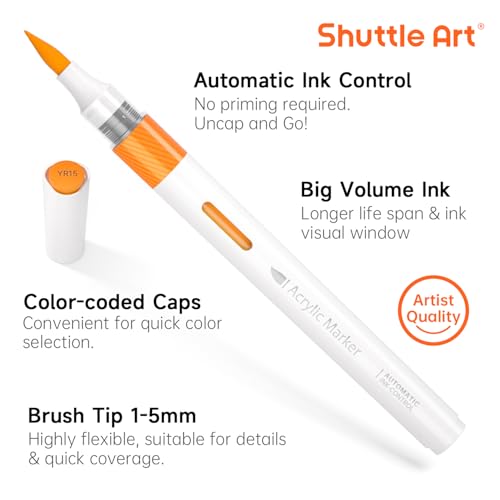Shuttle Art Acrylic Markers, 36-Color Set, Direct-Fill Brush Tip, Water-Based, Waterproof, Quick-Drying, Light-Resistant, Acrylic Paints for Stone, Wo