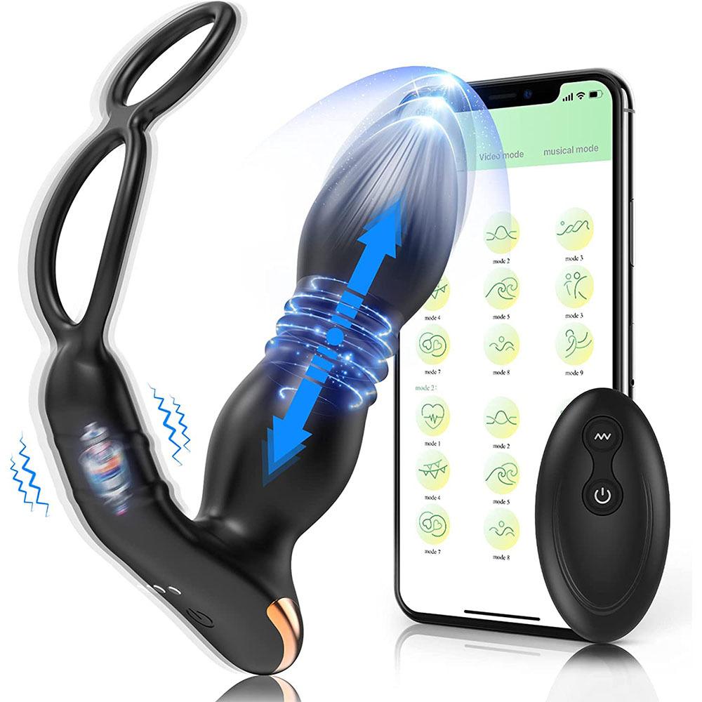 Double-ring Telescopic Prostate Massager Remote Control  Lock Ring Vibrator Sex Toys for Men Women