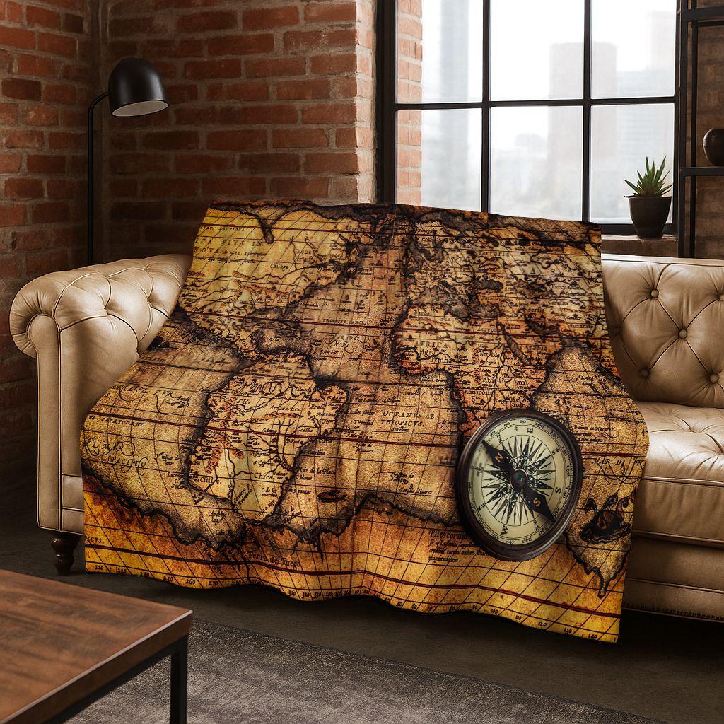 Retro Nautische Karte Kompass Schatzkarte Flanell Decke, Gemütliche Weiche Überwurfdecke für Zuhause Schlafzimmer Bett Sofa Abdeckung Geschenk Kinder