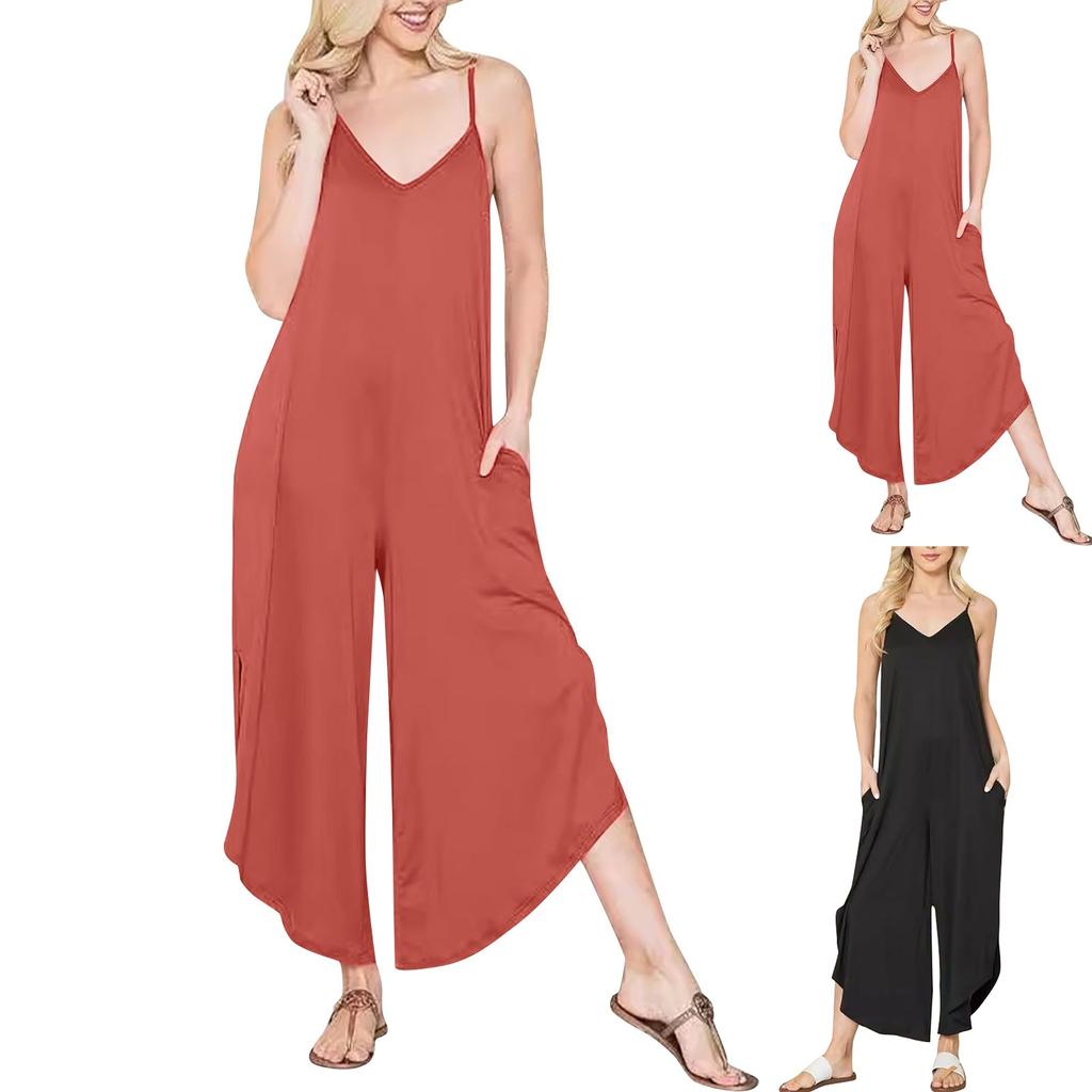 Women's Backless Suspender Double Pocket Side Slit Jumpsuit