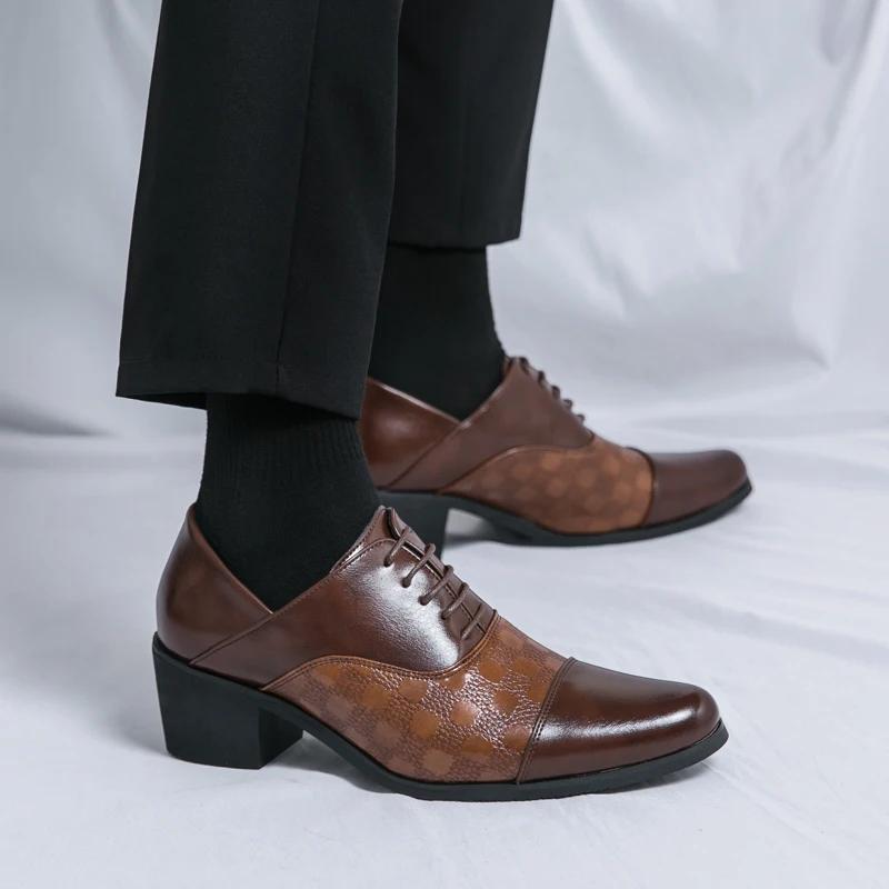Pánské ležérní kožené boty 5cm vysoké kožené boty na silném podpatku Klasické špičaté společenské boty Svatba boty pro muže