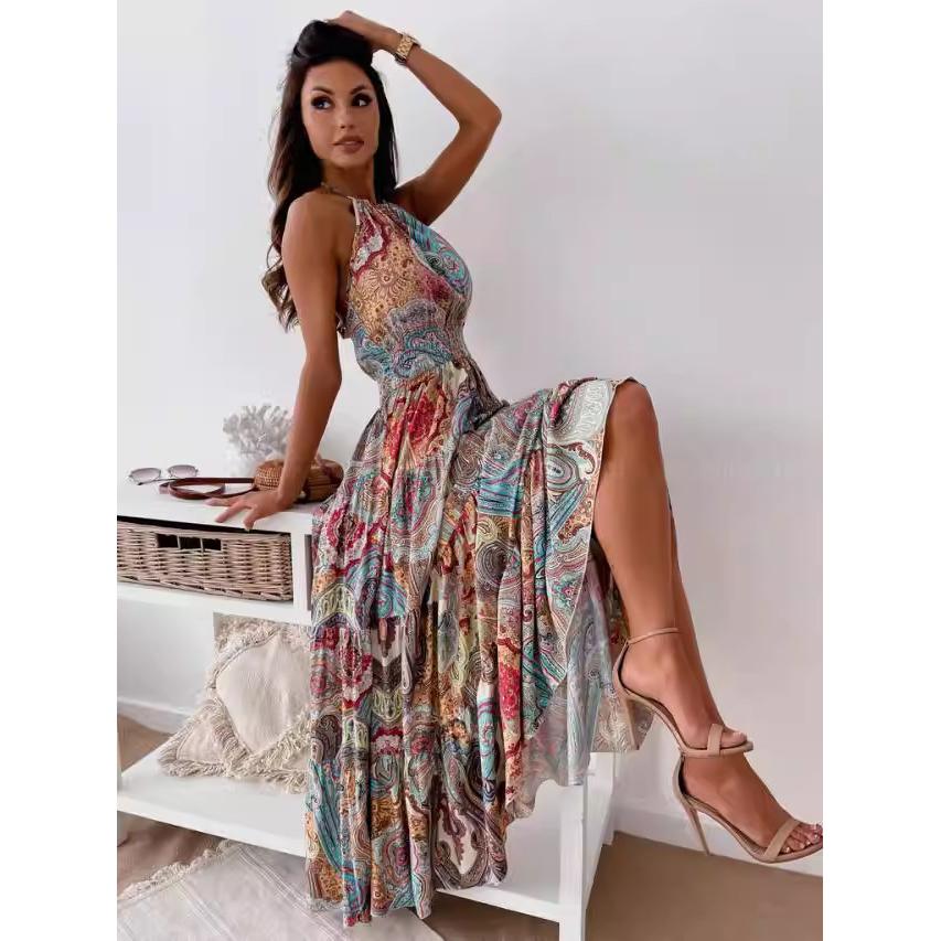 Summer Beach Dress Sexy Bohemian-style Printed Backless Suspender Long Dress for Women