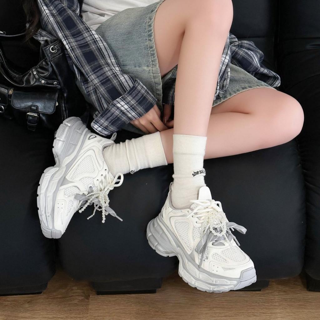 Thick-soled Beaded Fashion Dad Shoes for Women 2025 Popular Spring New Versatile Net Breathable Surface Sports and Leisure Shoes Tide