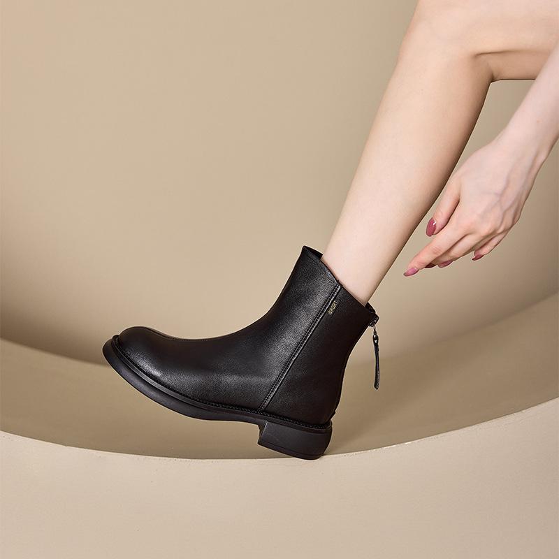 Women's Boots 2025 Autumn/Winter Plush Soft Leather Boots Women's Korean Edition Back Zipper Women's Boots Retro Casual Shoes