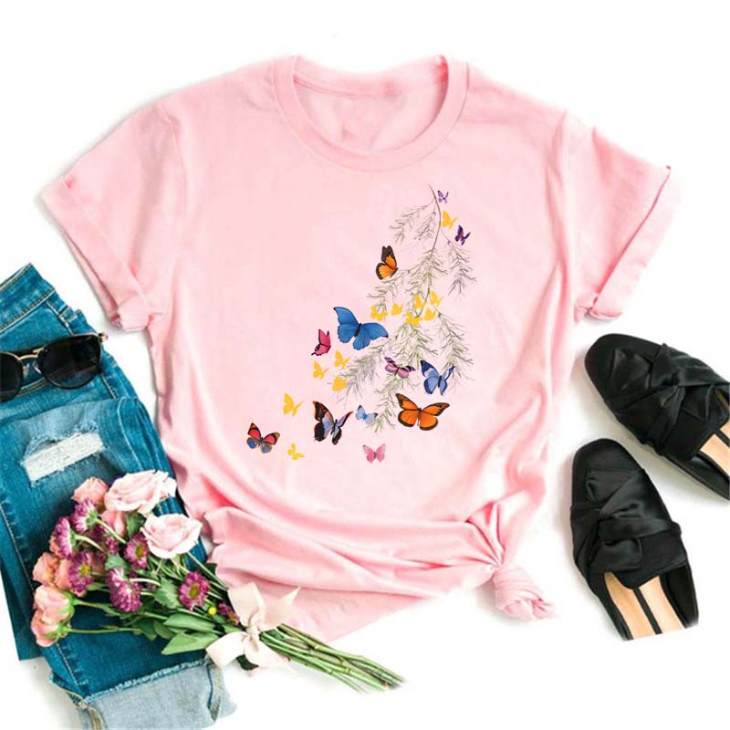 

Женская футболка с принтом цветов и бабочек, повседневная футболка с коротким рукавом, женская футболка, женская футболка с рисунком 4XL