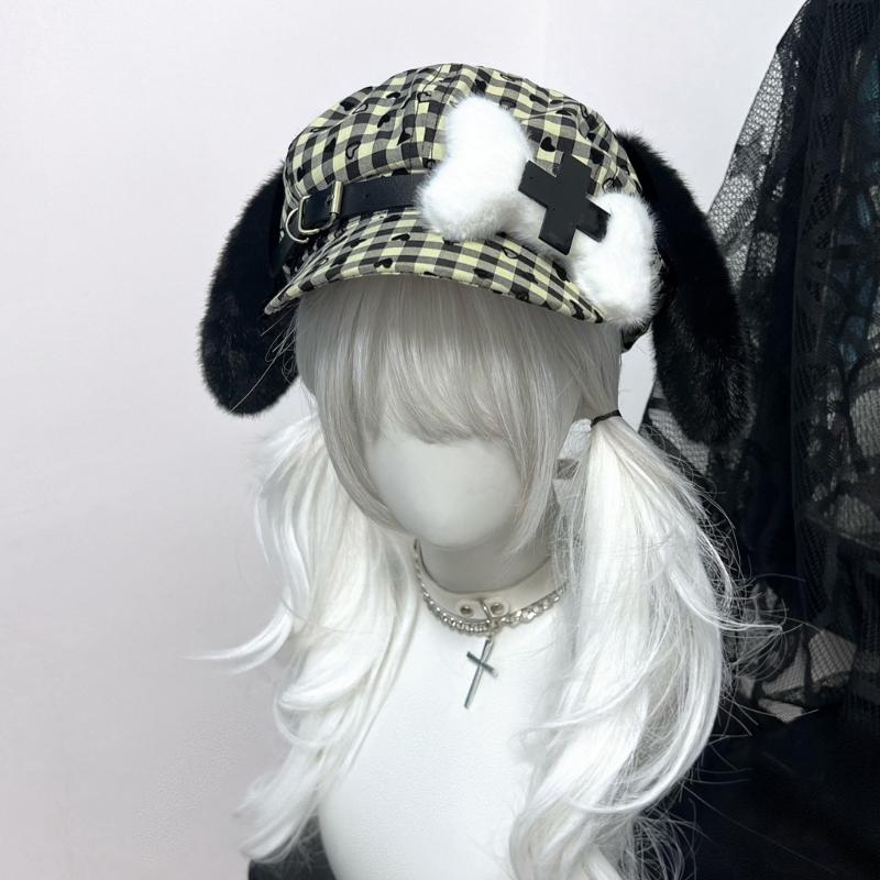 Dog Bone Pattern Hat Trendy Plush Lovely Styles Hat Vintage Check Beret Hat for Trendy Youth