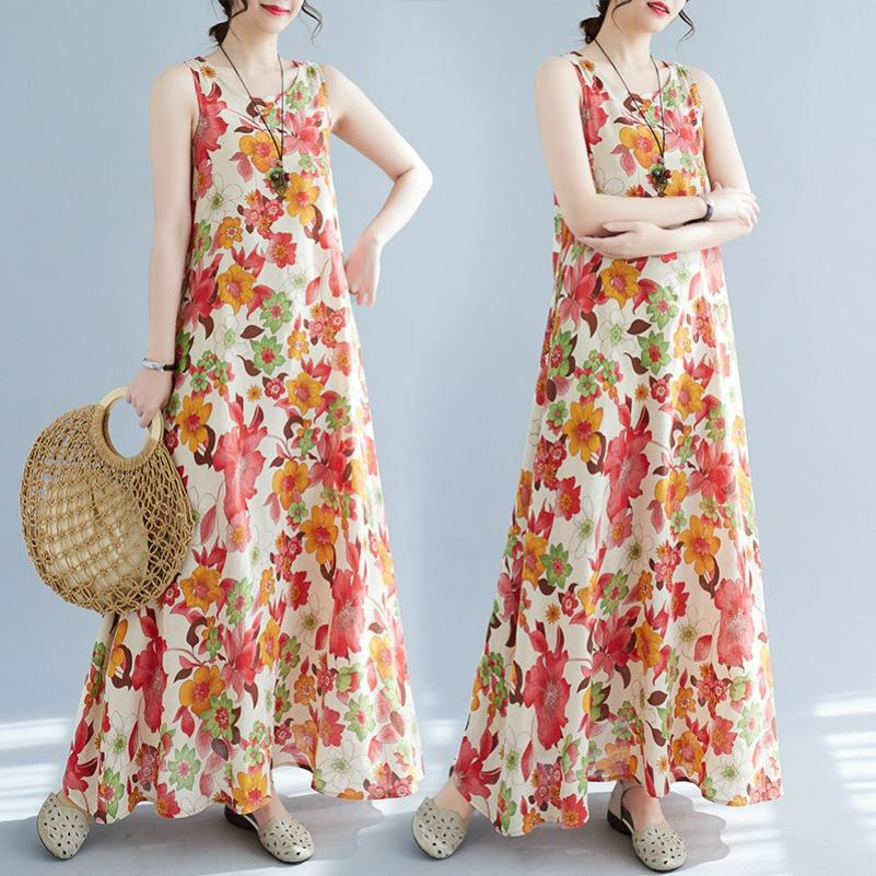 

Simple and Fashionable Bohemian Long Skirt Summer Plus Fat To Increase Sleeveless Round Neck Printed Mid-length Skirt Dress 2XL помаранчевий
