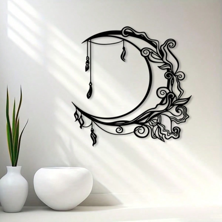 Bohemian Moon Floral Metal Wall Decor Vintage Wrought Iron Fringe Weather Resistant Office Terrace Gift