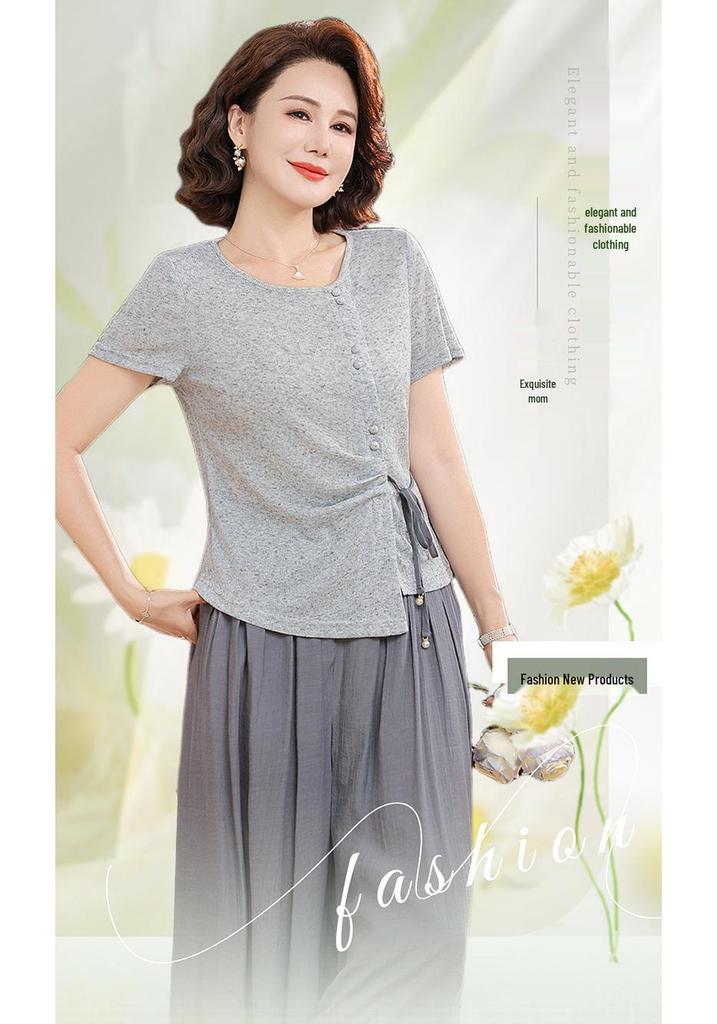 2026 Summer Plus Size Loose 2-Piece Set: Stylish Short Sleeve Top for Middle-Aged & Elderly Women