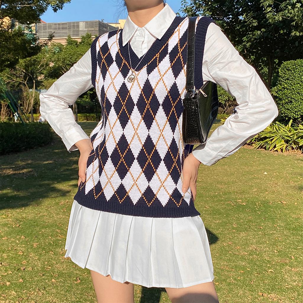 Women Streetwear Preppy Style Knitwear Tank V Neck Argyle Plaid Knitted Sweater