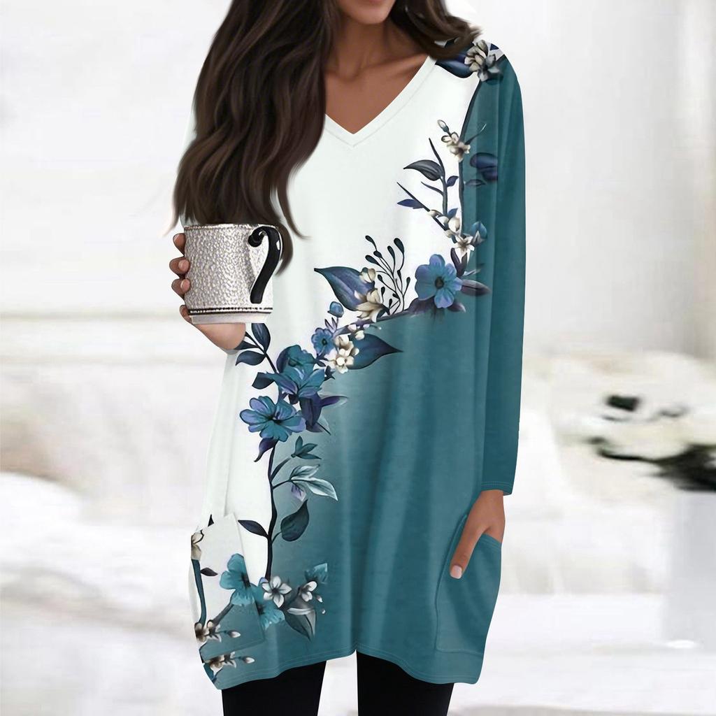 Damen Oberteile V-Ausschnitt Langarm Blusen Lässige Mittellange Hemden Mode Druck Tunika Oberteile Mit Taschen