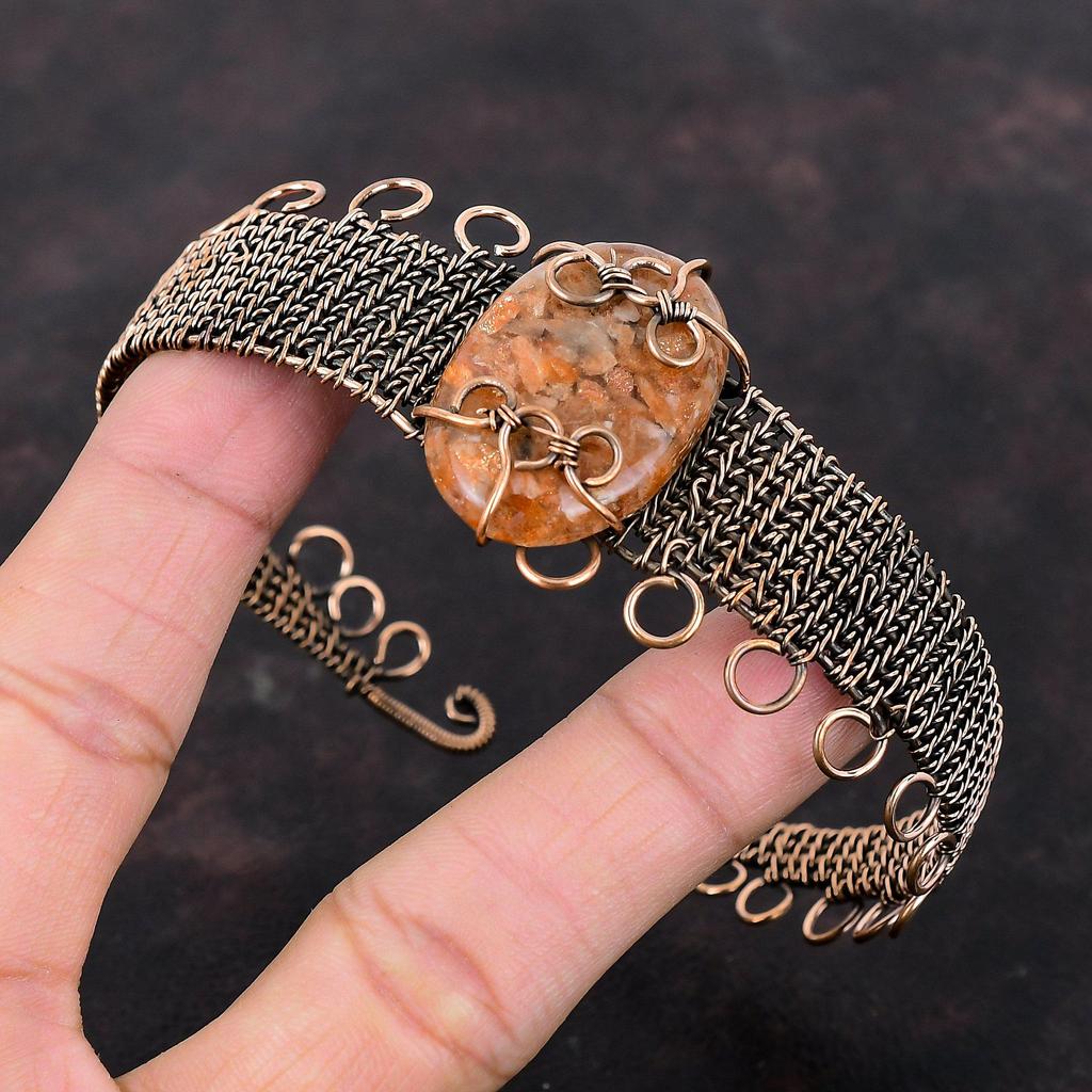 Sunstone Bangle Copper Wire Wrapped Cuff Bracelet Adjustable Bangle Sunstone Gemstone Jewelry Handmade Cuff Copper Jewelry Anniversary Gift