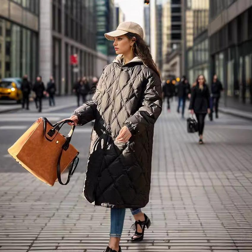 

Design Sense Diamond Grid средней длины свободная хлопковая куртка 2024 года новая зимняя женская контрастная длинная парка с капюшоном женское пальто XXL