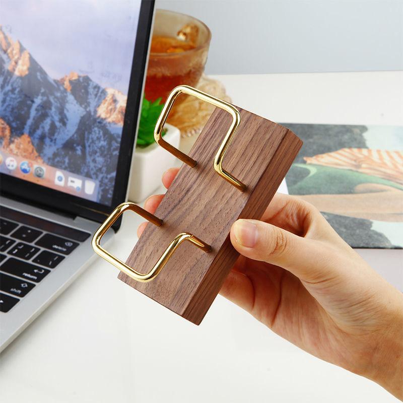 Walnut Wood Brass Business Card Holder With Modern Design For Office And Gift Use