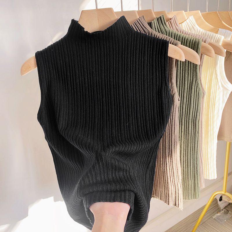 

Turtleneck Knitted Inner Camisole Women s Spring Summer Cropped Short Sleeveless Thin Base Layer Top S